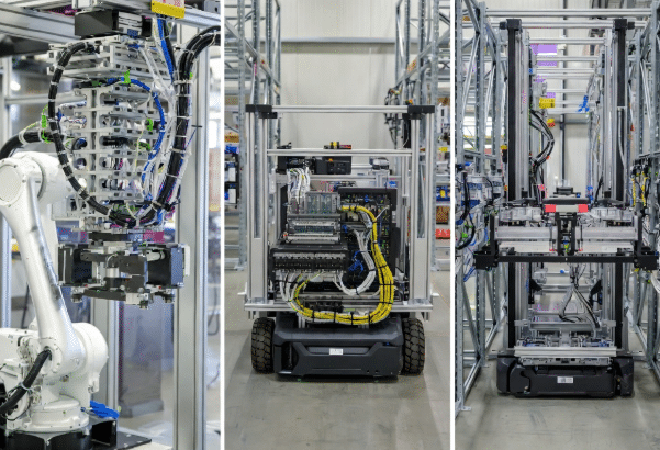 Realistic collage of robotic arm, AGV mobile robot, and warehouse shuttle with visible custom cable harnesses demonstrating different motion requirements in warehouse automation