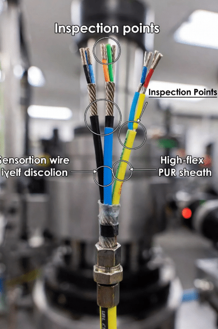 Detailed close-up view of sensor cable jackets during inspection highlighting abrasion, discoloration, and intact high-flex materials in harsh industrial environment