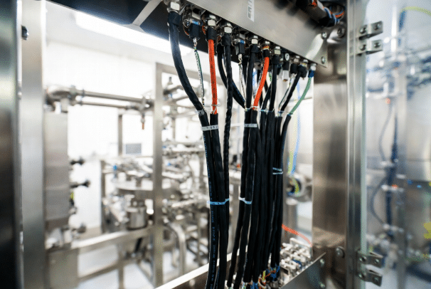 Professional view of bundled halogen-free LSZH cables installed in a modern factory control panel, highlighting clean sheathing and labeling for safe, compliant wiring in automation and food processing environments