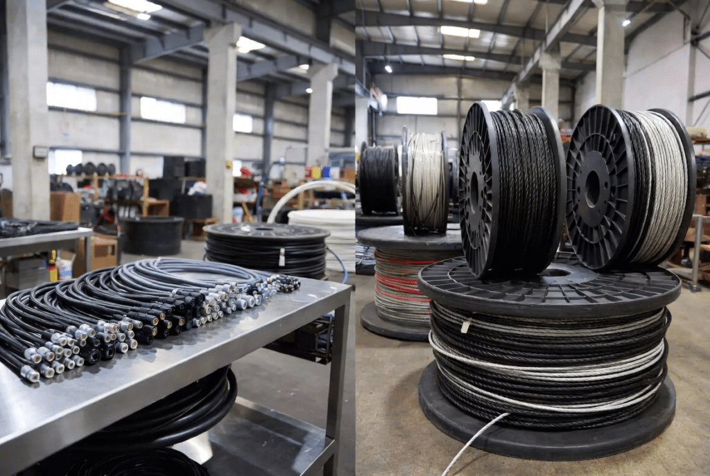Stainless steel workbench holding a small batch of finished custom industrial cable assemblies next to large reels of bulk flexible cable in a clean factory setting, showing the difference between low-MOQ prototype runs and full production volumes
