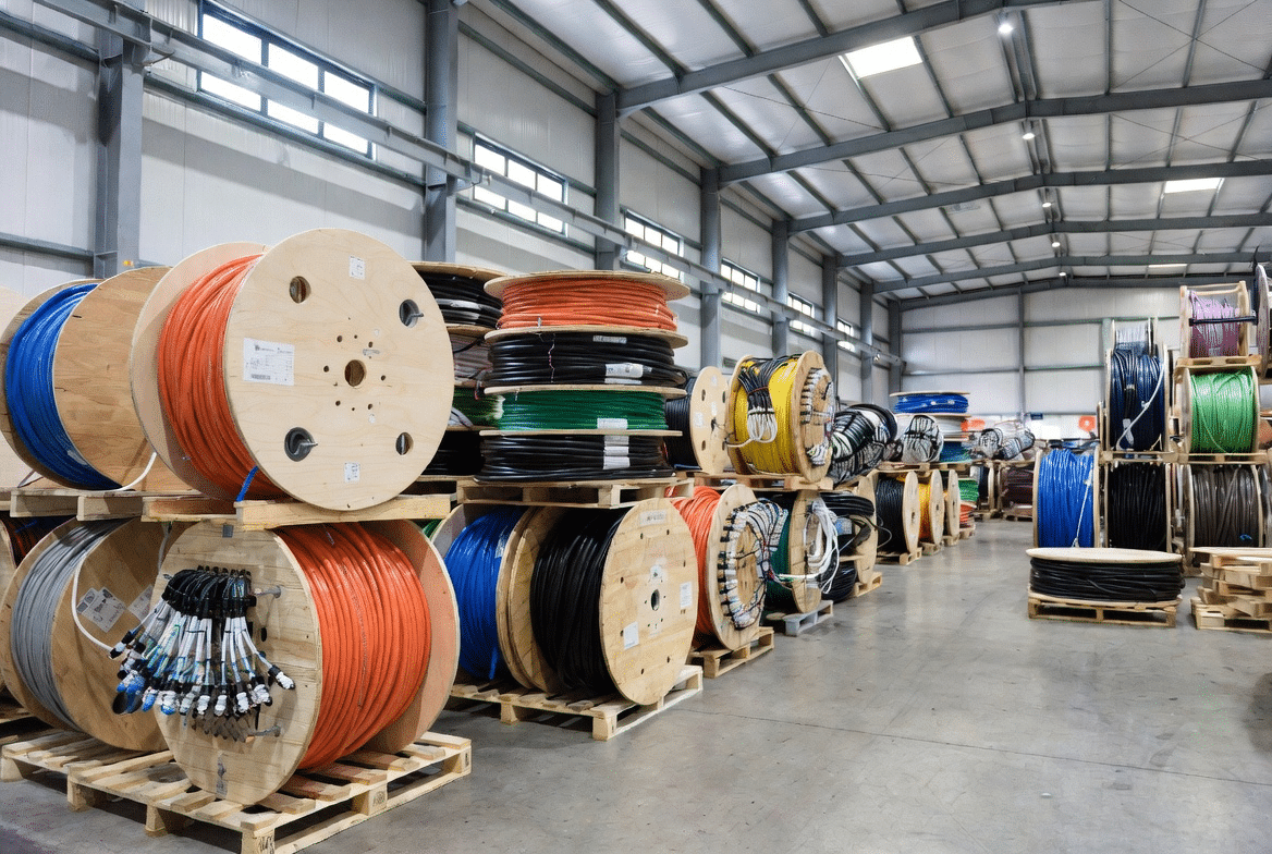 Stacked wooden and plastic reels of high-flex industrial cables in multiple colors with coiled custom cable assemblies on pallets inside a modern cable factory warehouse, illustrating typical production volumes and scheduling for custom industrial cable orders