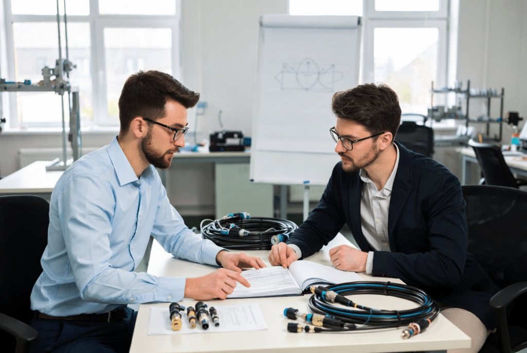 Two professionals examining custom industrial cable samples, technical drawings, and delivery documents together at a meeting table in a factory conference room, demonstrating collaborative MOQ and lead-time planning between OEM and manufacturer