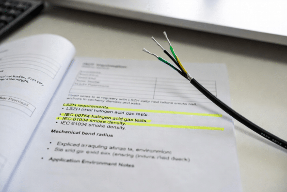 Close-up of a printed cable specification document with highlighted annotations for IEC 60754 halogen acid gas tests, IEC 61034 smoke density, mechanical bend radius, and application environment notes next to an LSZH cable sample