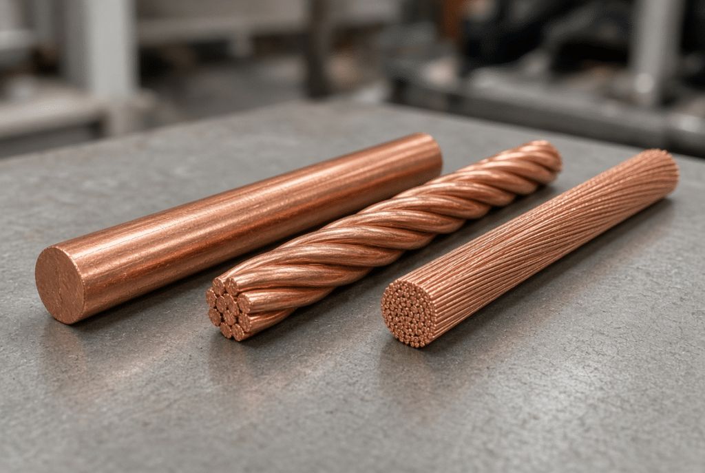 Side-by-side industrial close-up of solid copper conductor, 7-strand copper conductor and fine-stranded copper conductor showing differences in strand count and diameter for industrial cable applications