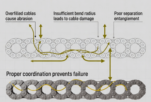 Technical comparison diagram showing incorrect cable and drag chain integration causing abrasion and tight bends versus properly coordinated Hulk flexible cables in energy chain with correct radii and separation for long service life