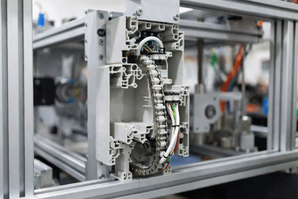 Close-up cross-section of small plastic energy chain showing multiple continuous-flex cables with tight bend radius, separators, and minimal clearance in a compact automation machine