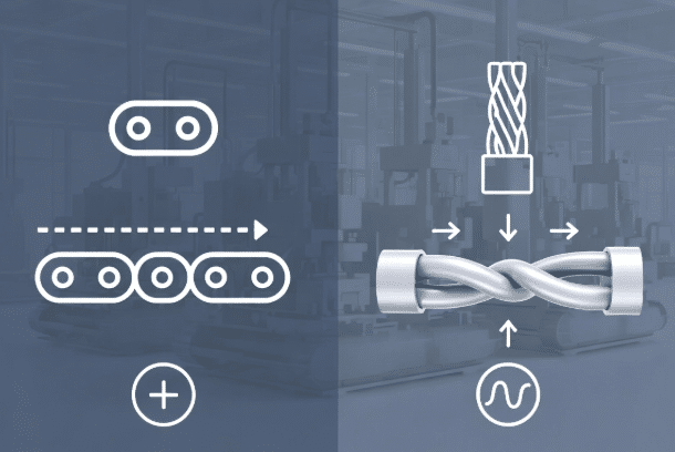 Engineering comparison showing linear drag chain cable movement versus complex 3D robot torsion cable applications in automation systems