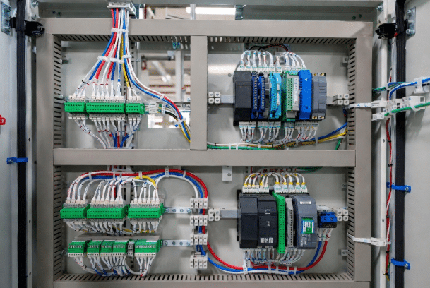 Open industrial control cabinet neatly organized with halogen-free cables connected to PLCs and terminal blocks, demonstrating safe and professional wiring layout for automation systems