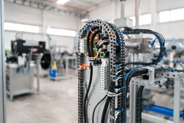 Detailed cross-section view of an open energy chain showing properly laid high-flex cables, pneumatic hoses, internal separators, and strain relief points for drag chain applications in industrial automation