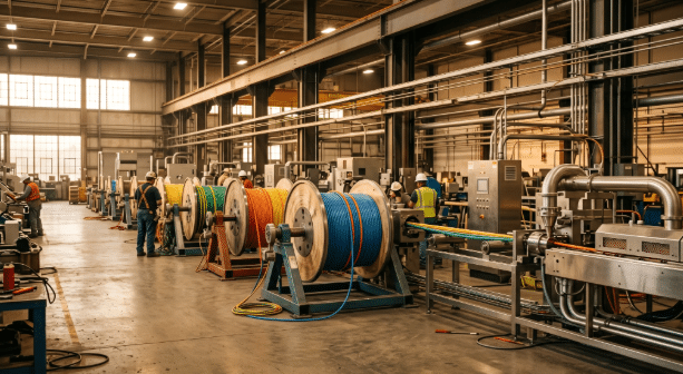 Professional view of engineers conducting prototype and fire-performance testing on custom halogen-free cables in a modern cable manufacturing and testing facility, showing LSZH jacket samples and fire test apparatus