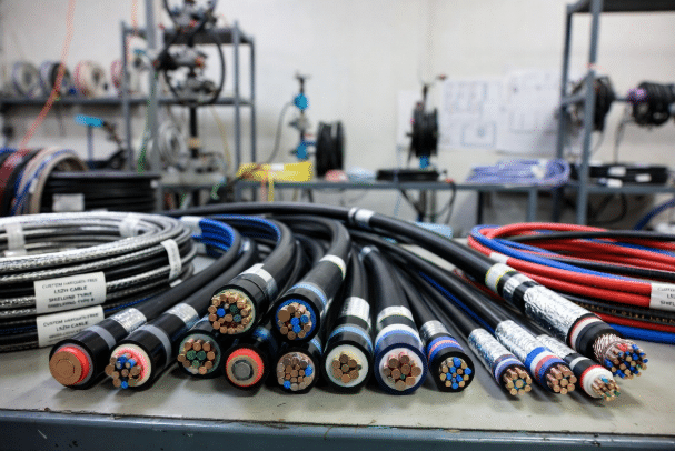Bundled high-performance custom halogen-free LSZH cables with different jackets and shielding displayed on a workbench in a professional cable factory, highlighting engineering specifications for industrial automation applications