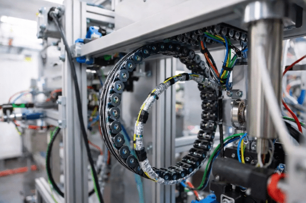 Detailed close-up of custom-engineered hybrid drag chain cable showing multiple conductor types, specialized shielding, and robust jacket for demanding machine integration