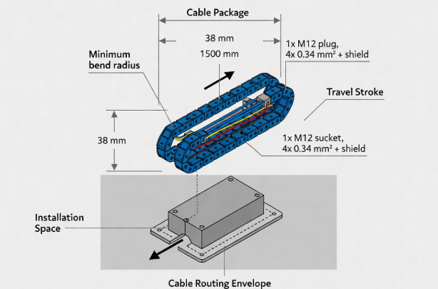 Engineering diagram of drag chain system highlighting minimum bend radius, installation envelope, routing constraints, and cable layout for OEM motion requirements documentation
