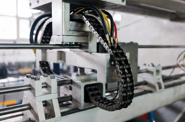 Professional view of open drag chain cable carrier on a machine axis with clear labels showing travel distance, minimum bend radius, speed, acceleration, and cable package for custom drag chain cable documentation