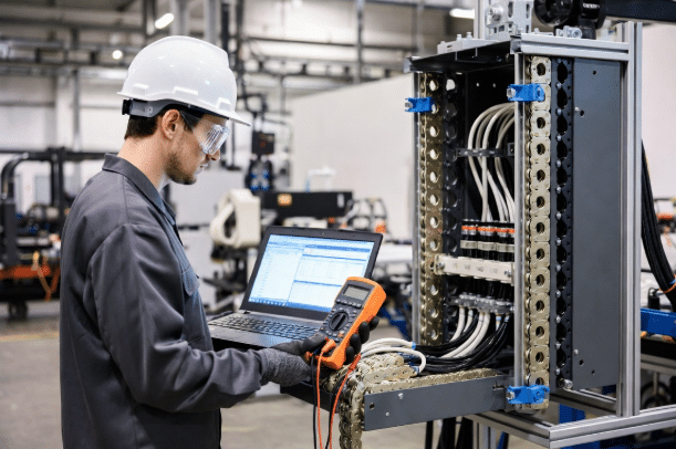 Maintenance technician performing electrical diagnostics with tools on cables inside an open drag chain carrier in industrial automation setting, troubleshooting intermittent faults and noise