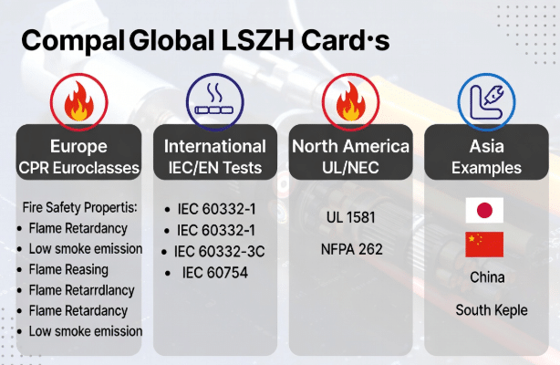 Technical infographic comparing LSZH cable fire safety standards including Europe CPR Euroclasses, IEC/EN tests, North America UL/NEC, and Asia regional requirements for halogen-free specifications