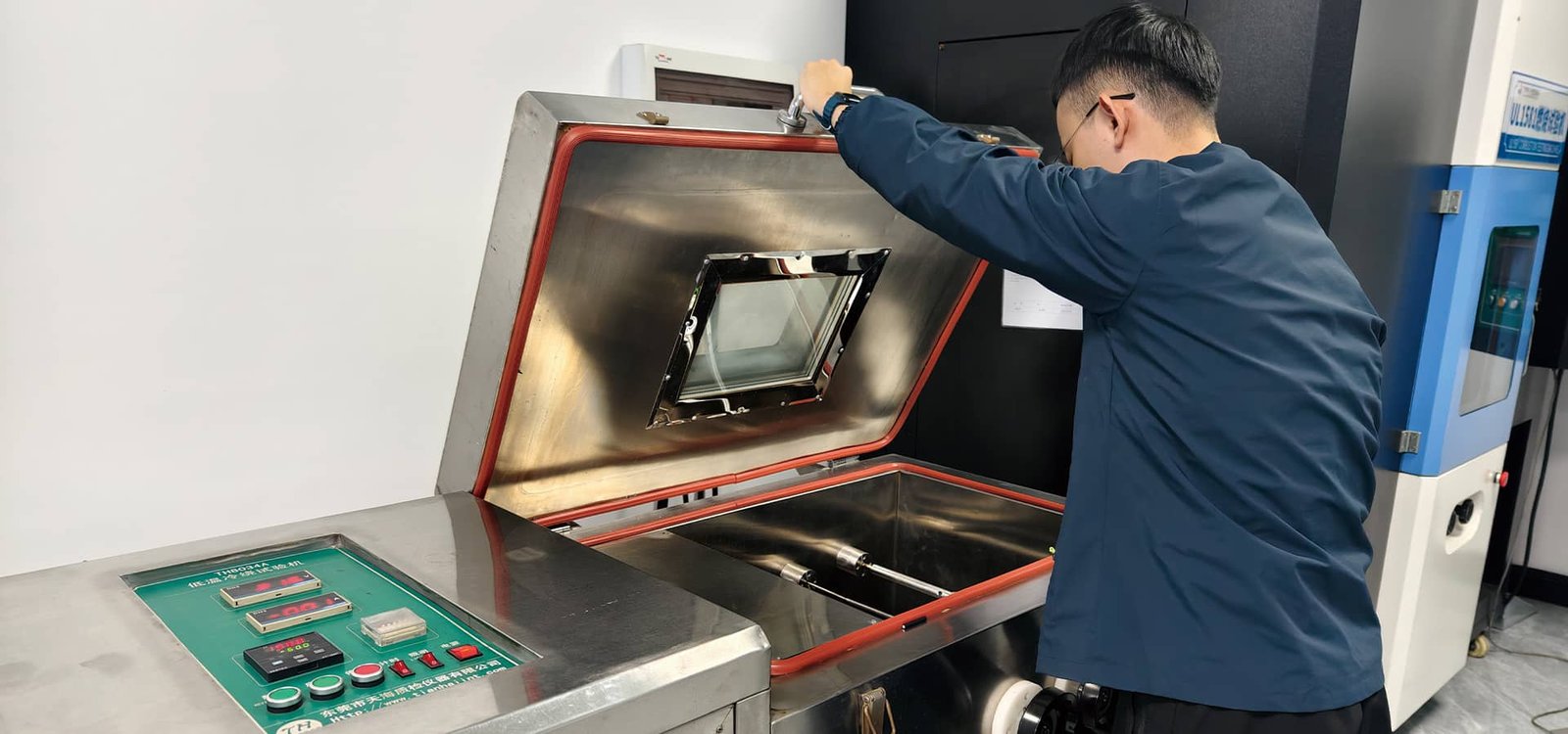 An engineer operating a Low-Temperature Cold Bend Testing Chamber to evaluate HULK cables; the machine simulates freezing environments to verify that the cable jacket and insulation remain flexible and crack-resistant under extreme cold conditions, ensuring reliability for cold storage or outdoor winter applications.