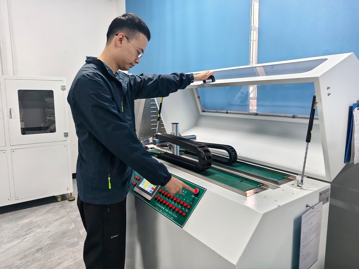 A HULK engineer operating a drag chain simulation tester with cables running through a real-world track system; this open-chamber test validates mechanical and electrical performance under actual motion conditions, ensuring reliability in industrial automation applications.