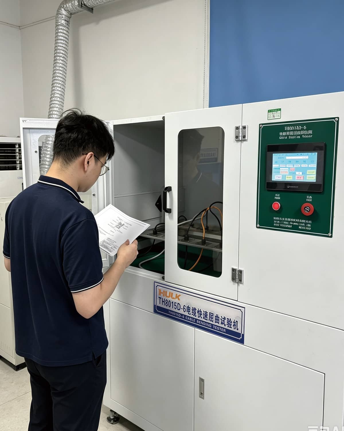 A HULK engineer reviewing test parameters beside a TH8015D-6 Cable Bending Tester, with cables undergoing high-frequency reciprocating flexing inside an enclosed chamber; this test simulates extreme dynamic stress to validate long-term mechanical integrity under rapid, repetitive motion.