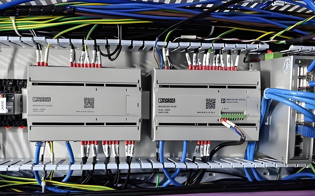 HULK cables neatly connected to D-BOX industrial controllers inside a control panel, demonstrating reliable integration into automation systems with clear labeling and organized wiring for maintenance and troubleshooting.