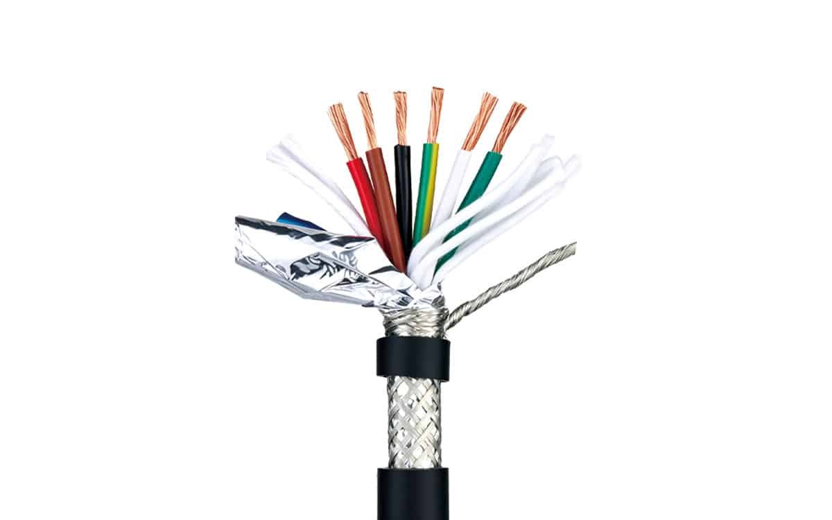 Cross-section of a HULK high-flexibility shielded cable, revealing multi-colored insulated conductors, aluminum foil shielding, and dense braided mesh; this layered structure ensures superior EMI protection and signal integrity in demanding automation environments.