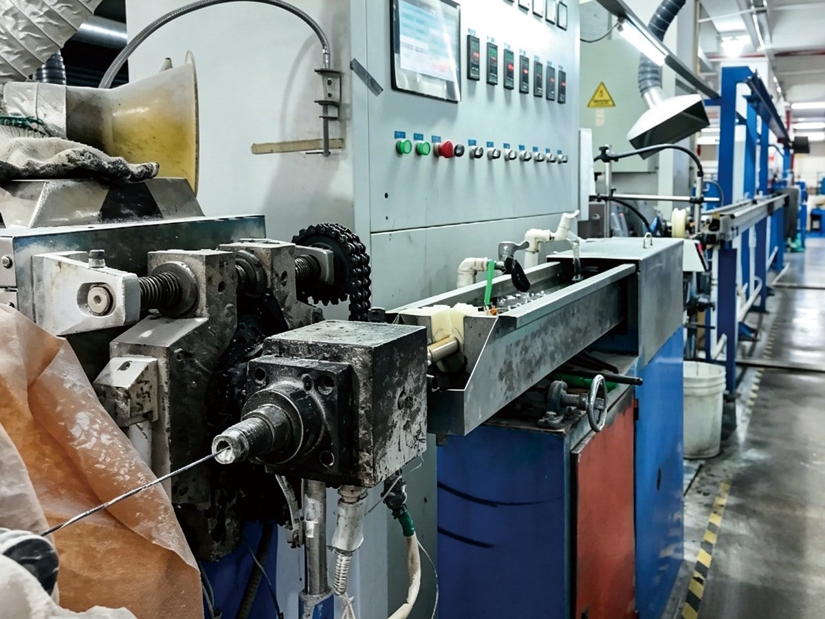 A HULK cable extrusion line in operation, showing mechanical rollers, temperature control panels, and cooling troughs; this integrated manufacturing process ensures consistent insulation thickness and surface quality through real-time parameter adjustment during high-speed production.