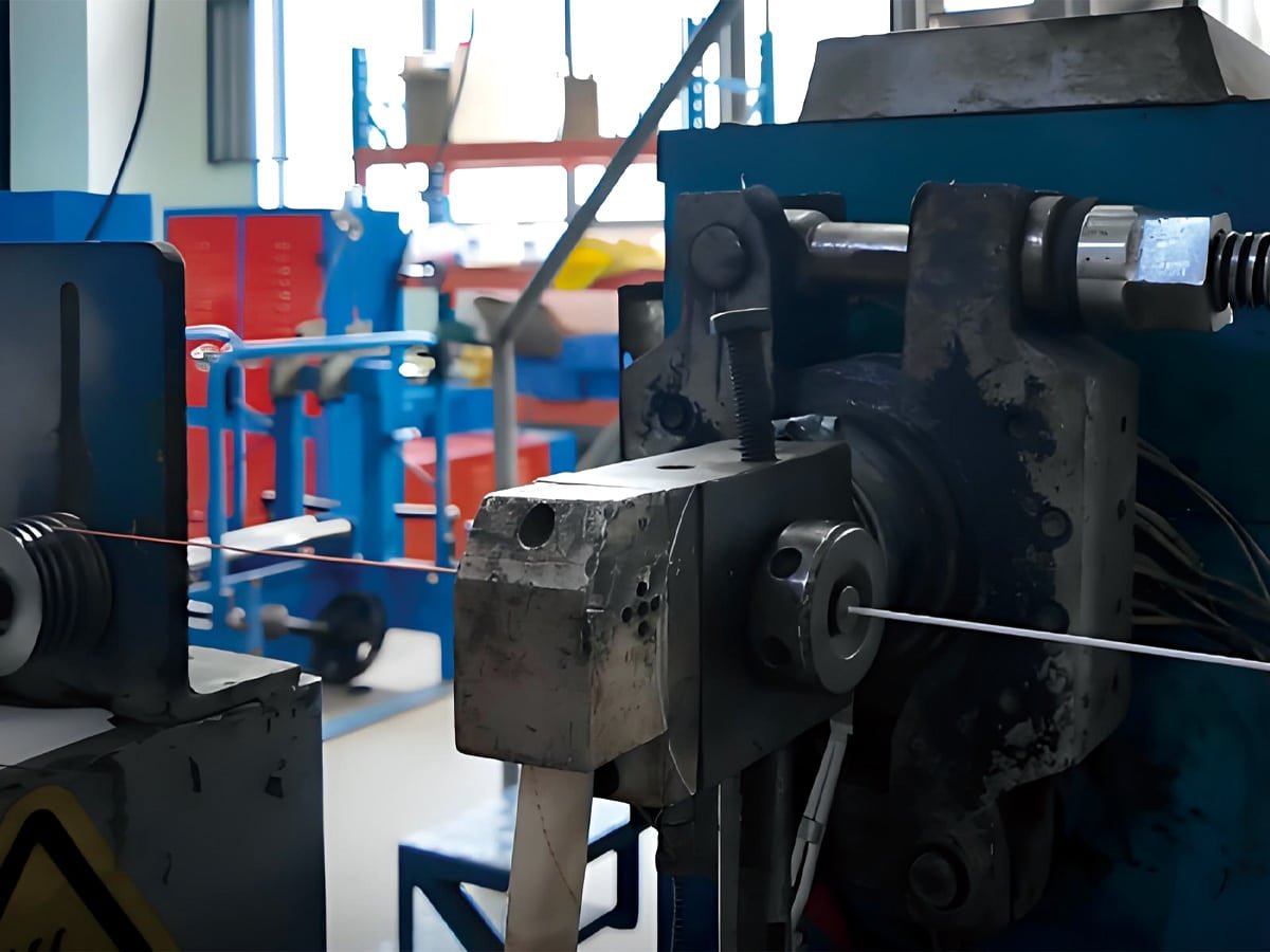 Close-up of heavy-duty stranding machinery processing copper conductors for HULK cables; this precision mechanical forming process ensures uniform wire lay and optimal tension, providing the foundation for high conductivity and superior flexibility.