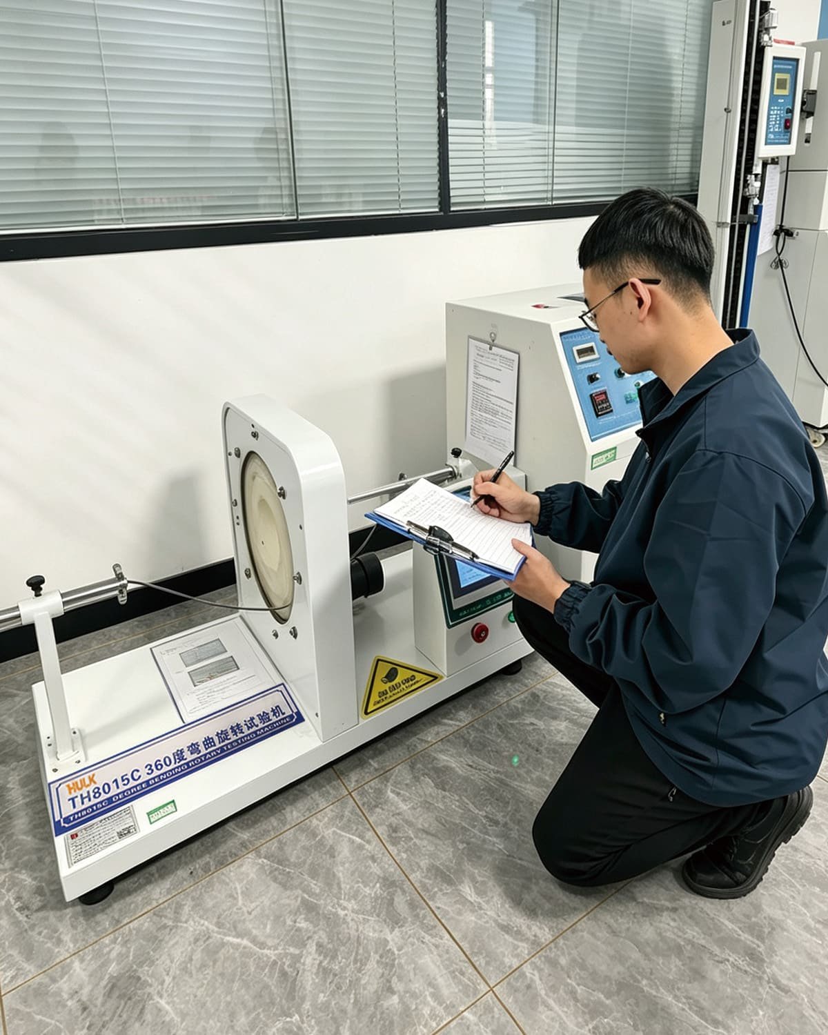A HULK quality engineer meticulously recording data from a TH8015C 360-degree rotary bending test; this scene highlights the rigorous human oversight and data verification process that ensures every cable meets strict durability standards for dynamic torsion applications.