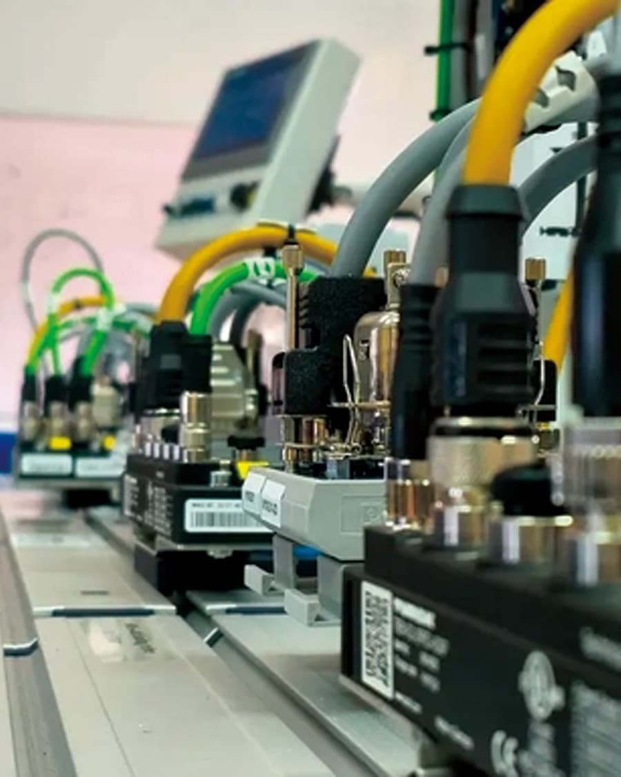 HULK industrial cables connected to modular automation components via standardized connectors, demonstrating seamless integration and reliable signal transmission in high-speed robotic assembly lines.