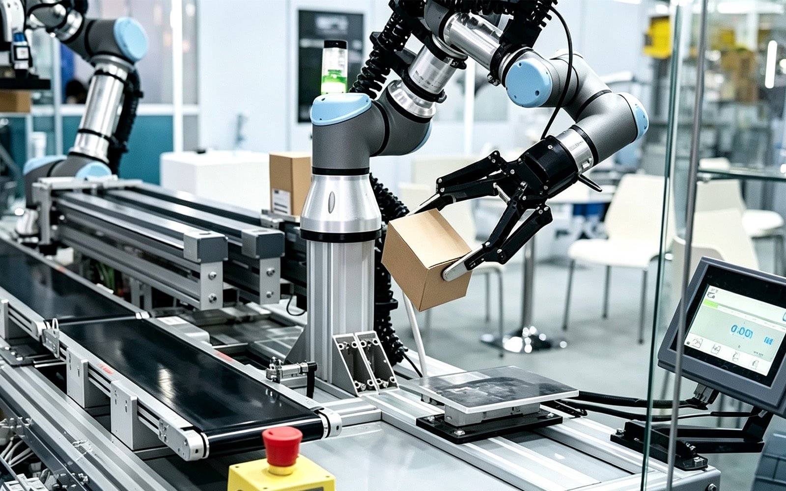 A collaborative robot (cobot) with light blue joints handling a small cardboard box on a conveyor, featuring black HULK high-flex cables routed along its arm; the cables are designed for safe human-robot interaction with low-noise operation and flexible routing in compact workspaces for electronics assembly or lab automation.