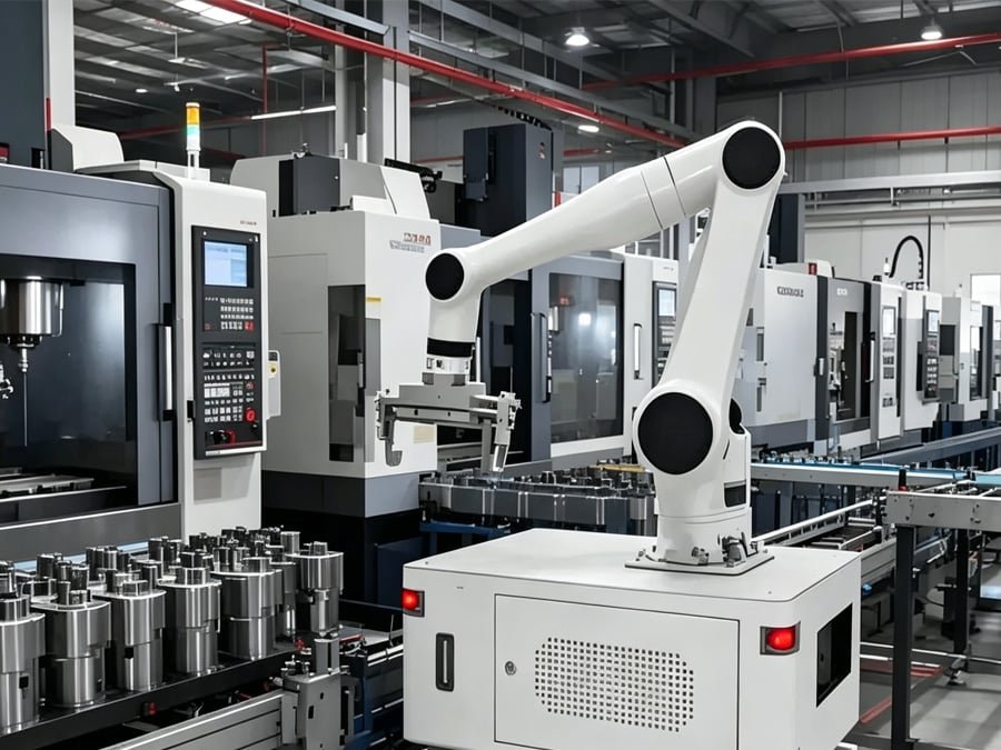 HULK high-flex, EMI-resistant cables integrated into collaborative robot arm and base, enabling stable data and power transmission during dynamic interaction with multiple CNC machines in a smart factory cell — supporting unmanned loading/unloading and autonomous workflow across production stations.