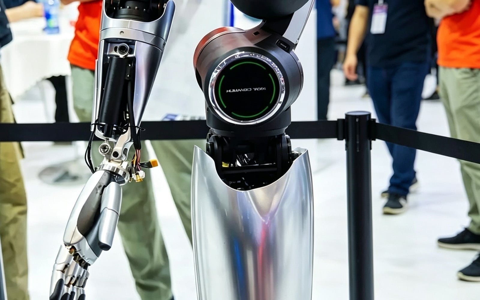 A humanoid robot with exposed joints and dexterous hand, featuring ultra-thin HULK high-flex cables routed through its shoulder, elbow, and wrist; the cables enable multi-degree-of-freedom motion with minimal bending radius and high signal fidelity, supporting precise force control and sensor feedback in advanced robotics applications.