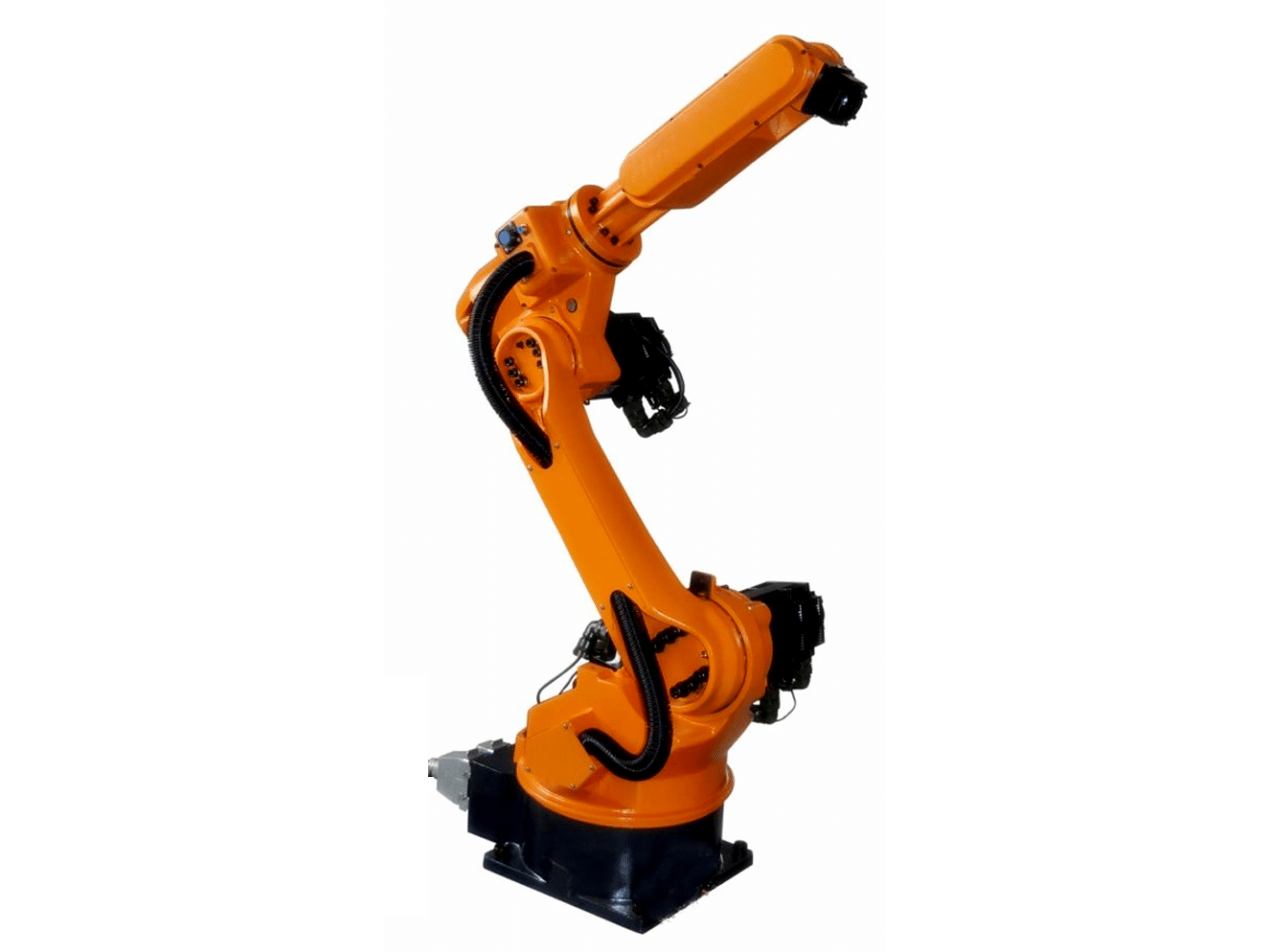 An orange six-axis industrial robot with black HULK high-flex cables routed along its articulated joints; the cables are designed to withstand continuous multi-axis motion, torsion, and tension in heavy-duty environments like automotive welding or metal fabrication, ensuring uninterrupted power and data transmission.