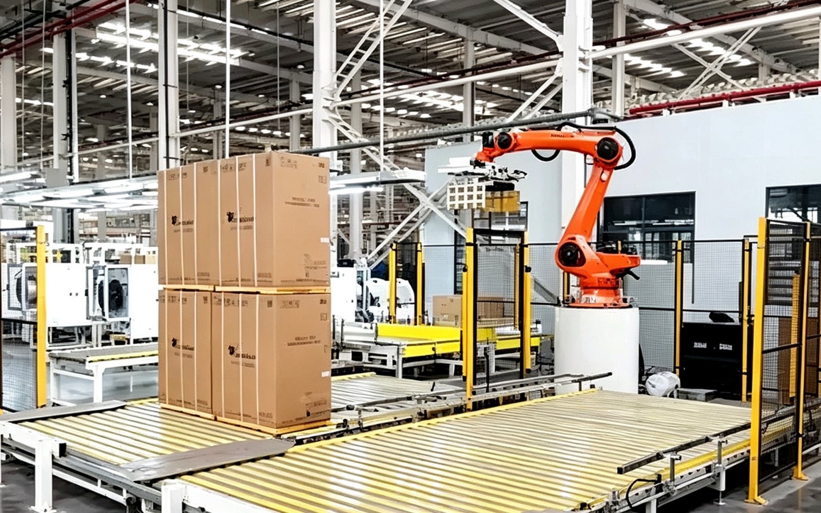 An orange heavy-duty palletizing robot in a logistics warehouse, with black HULK high-flex cables routed along its arm and base; the cables are engineered to withstand high-load lifting, rapid rotation, and continuous cyclic motion, ensuring reliable power and signal transmission in demanding palletizing applications for food, beverage, or building materials industries.