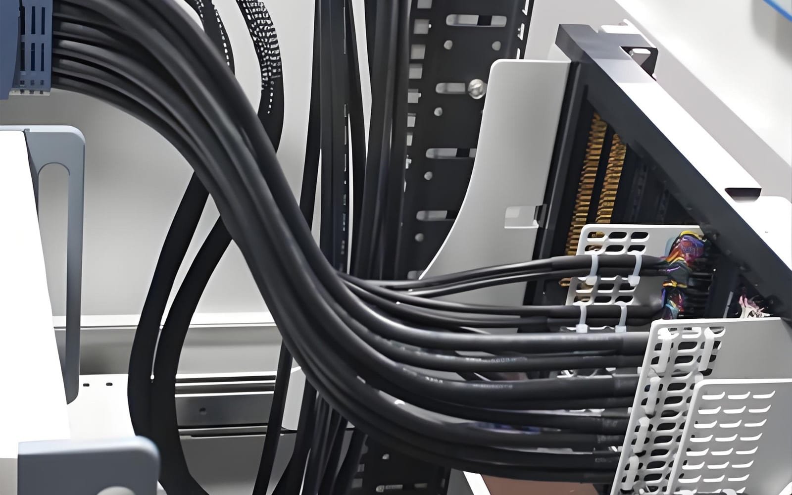 Close-up of black HULK high-flex cables neatly routed inside a precision test equipment chassis, secured with white cable ties; the cables are engineered for high-density parallel transmission with minimal crosstalk and superior EMI shielding, ensuring signal integrity in multi-channel data acquisition systems.