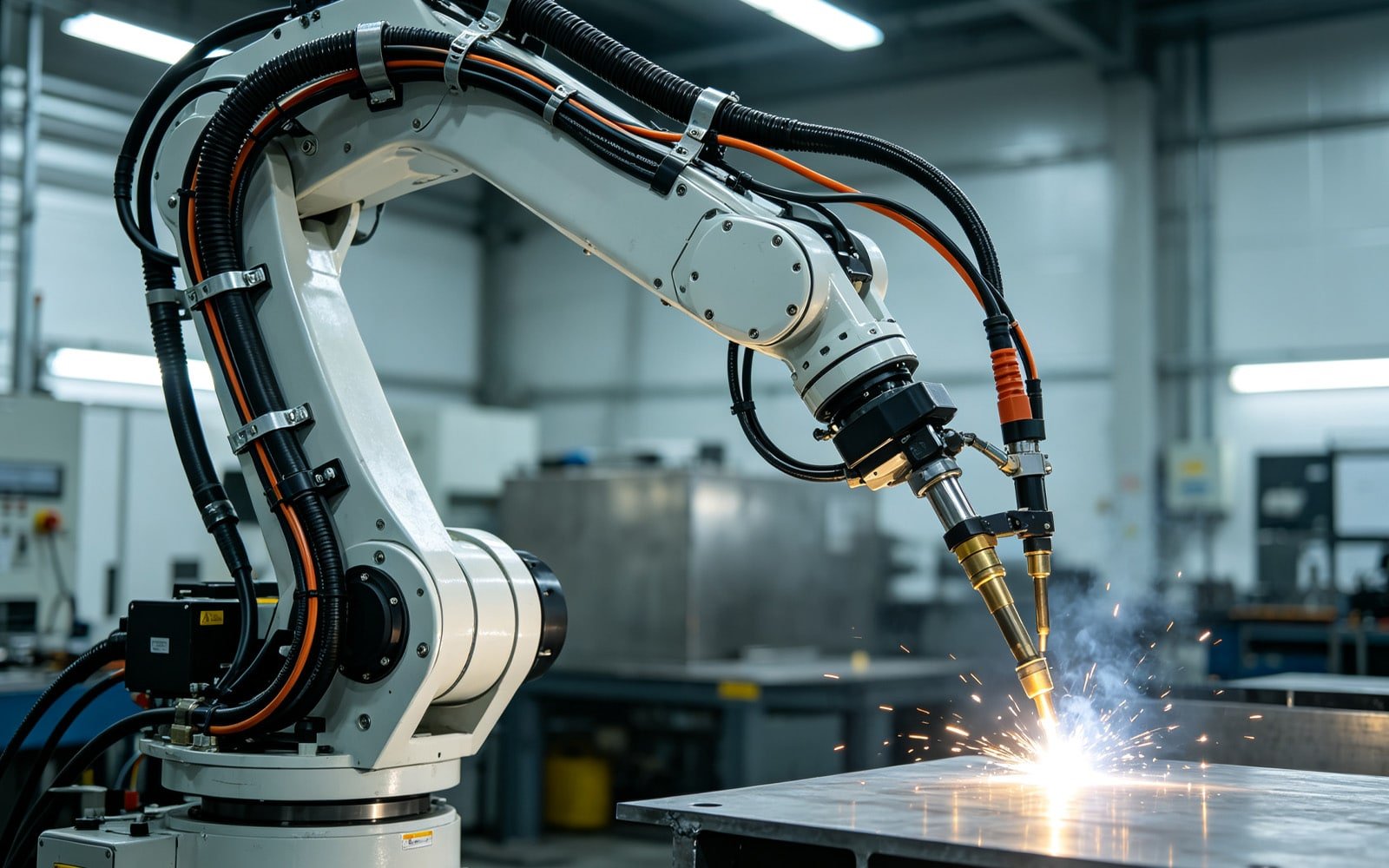 A heavy-duty industrial welding robot in action with sparks flying, featuring HULK high-flex cables protected by corrugated conduits along its arm; the cables are engineered to resist high temperatures, welding spatter, and strong electromagnetic interference, ensuring reliable power and signal transmission in harsh automotive manufacturing environments.