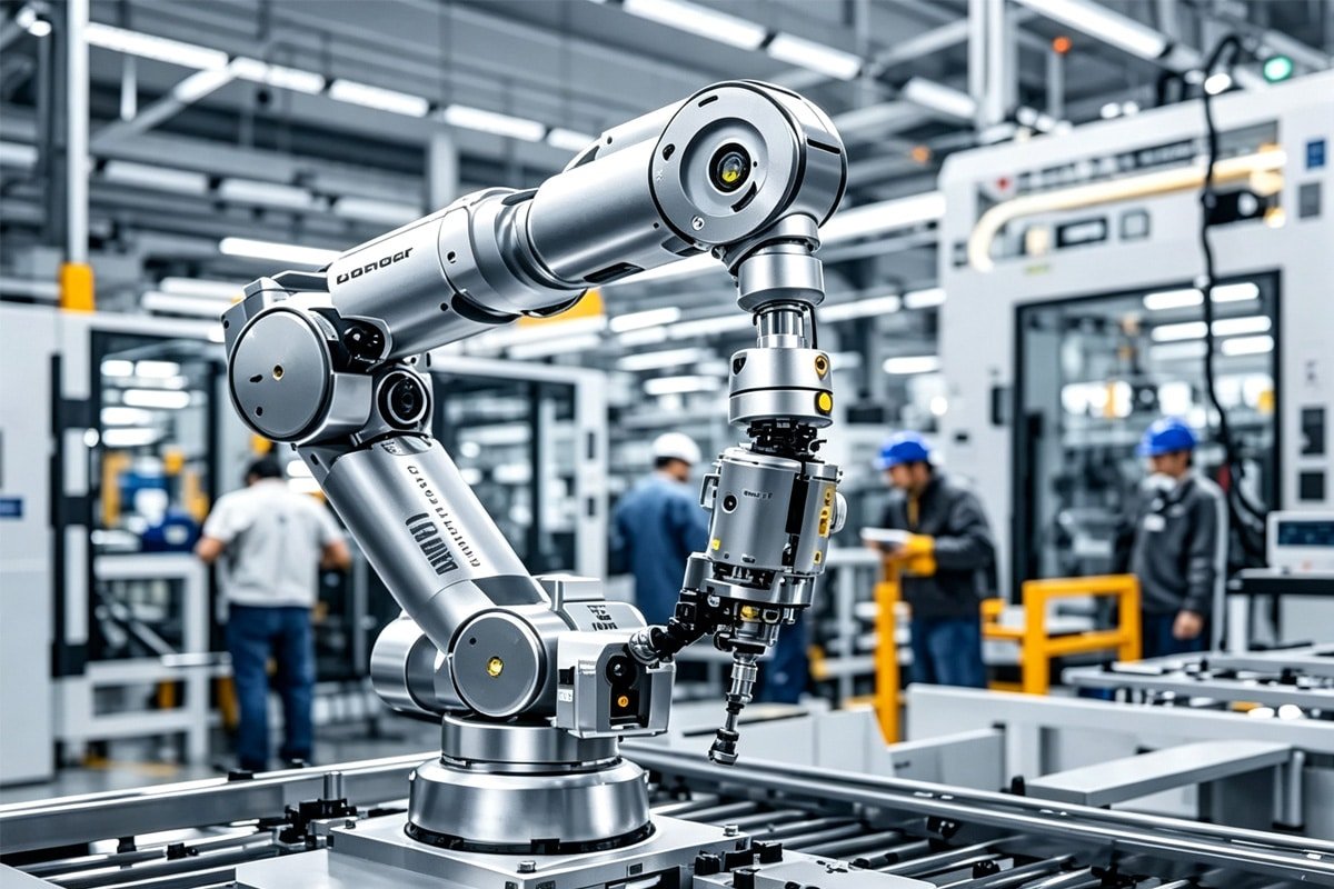 Advanced silver collaborative robot arm operating on an automated assembly line with human workers in the background; HULK high-performance cables inside the robot ensure precise motion control and real-time data feedback for safe and efficient human-machine collaboration in modern factories.