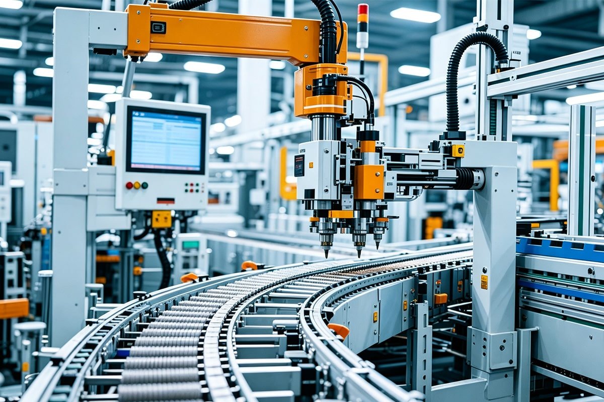 HULK high-flex, EMI-resistant cables integrated into orange multi-axis robot arm operating on high-speed automated assembly line; cables withstand frequent reciprocating motion and vibration while ensuring stable data and power transmission between robot, control system, and end-effectors — engineered for durability and signal integrity in continuous high-throughput production environments.