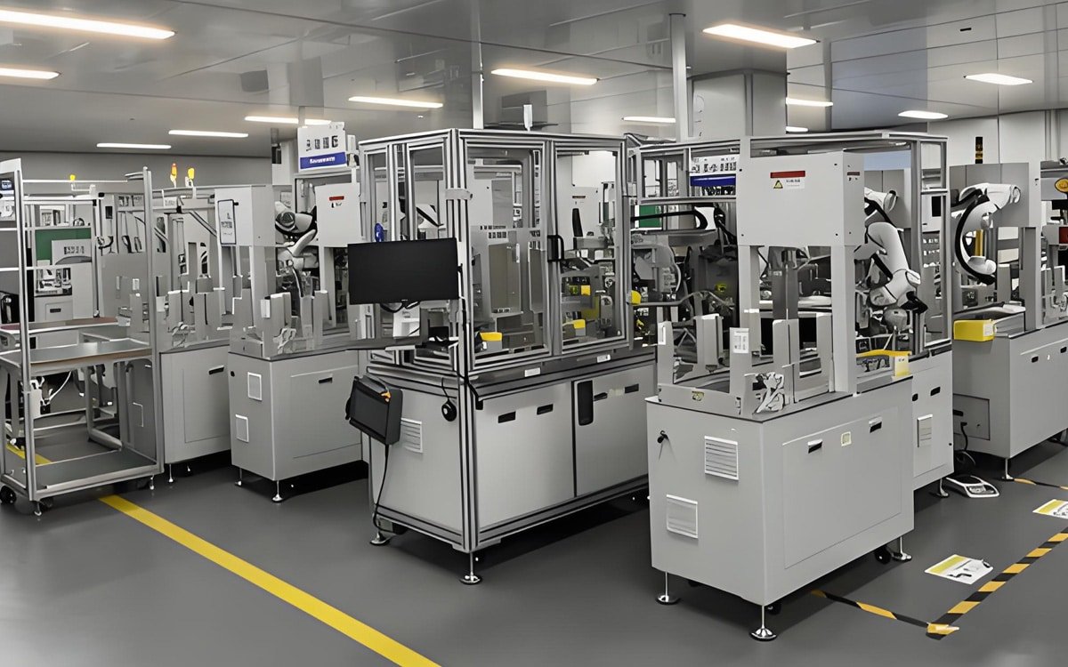 HULK cables installed in a semiconductor or precision electronics clean room with collaborative robots and automated assembly stations, demonstrating ESD safety, low outgassing, and vibration resistance for high-yield manufacturing.