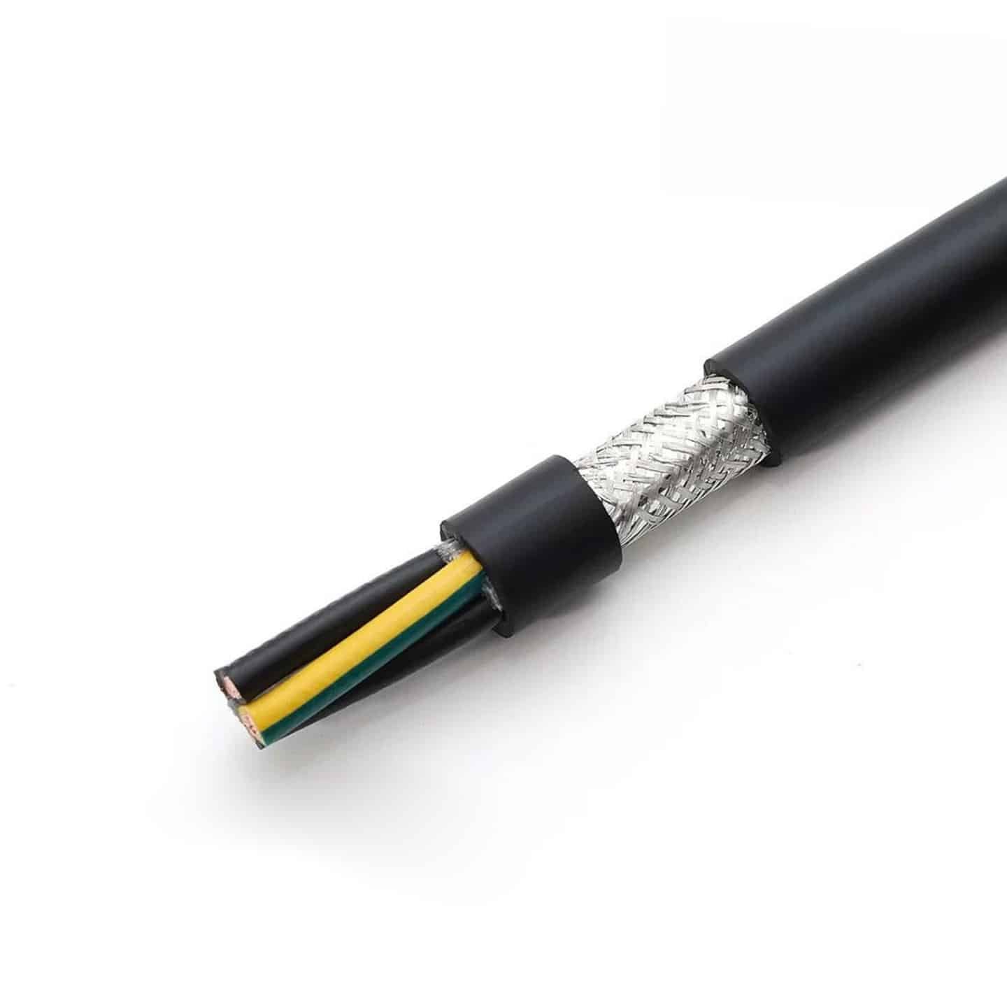 HULK high-flex drag chain cable cross-section showing multi-colored insulated conductors, a dense braided metallic shield, and black PUR outer jacket; engineered for extreme bending resistance and EMI immunity in CNC machines, robotic arms, and automated production lines.