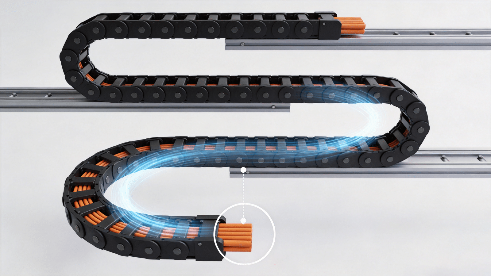 A 3D-rendered S-shaped drag chain system with HULK orange high-flex cables running inside, moving along a linear guide rail; blue energy flow effects illustrate continuous power and signal transmission during high-frequency reciprocating motion, with a magnified inset highlighting the compact, abrasion-resistant cable bundle design for dense automation wiring.