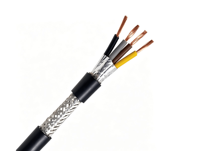 Close-up of a HULK dual-shielded cable revealing both aluminum foil and braided copper mesh layers beneath the black jacket; four color-coded insulated conductors (black, gray, brown, yellow) with exposed stranded copper cores demonstrate comprehensive EMI protection for demanding industrial automation and data transmission applications.