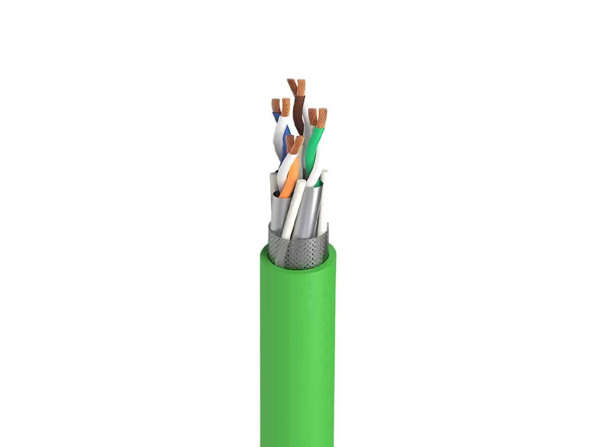 HULK CAT6A S/FTP industrial Ethernet cable cross-section showing dual shielding (foil + braid) and twisted pairs, engineered for high EMI resistance and stable high-speed data transmission in automation systems.