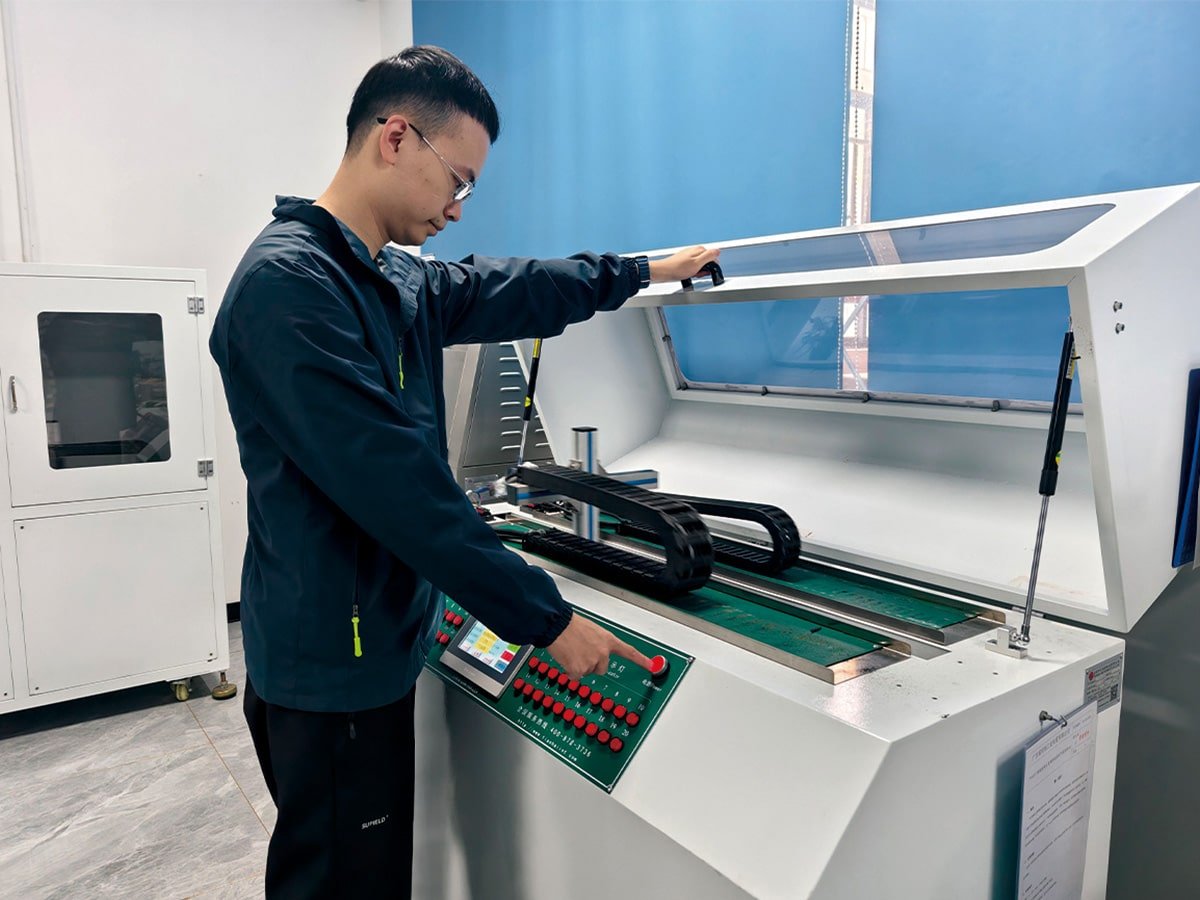 HULK lab technician operating a trail chain bending test machine with transparent safety cover, simulating millions of flex cycles to validate cable durability in dynamic automation applications.