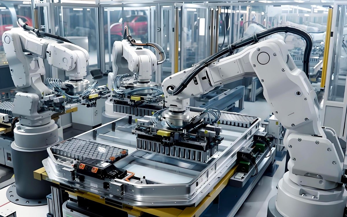 HULK cables integrated into industrial robotic arms assembling EV battery packs, engineered to withstand extreme flexing, torsion, and mechanical stress while meeting automotive safety standards for high-volume production.