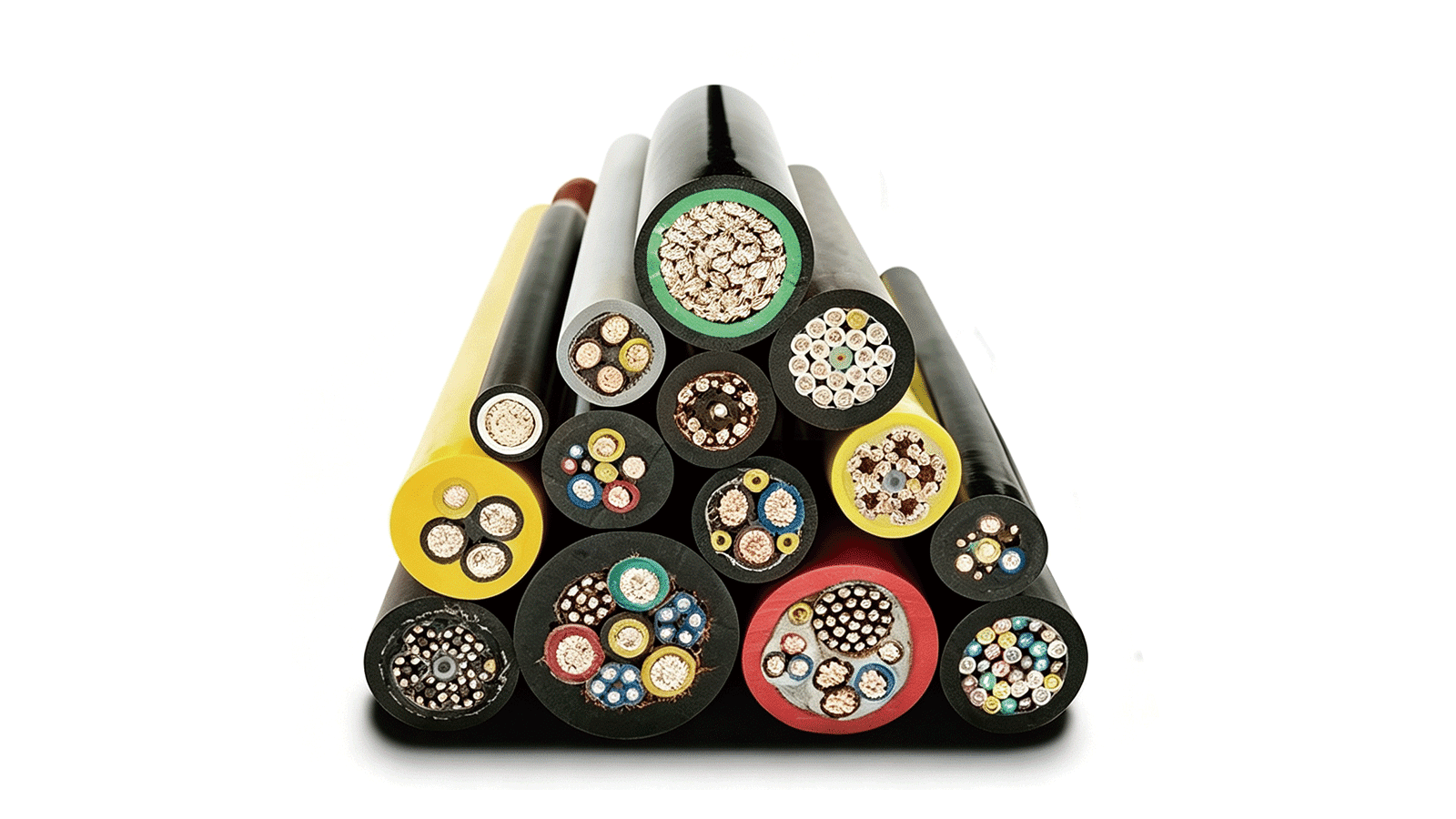 A pyramid-style display of HULK’s diverse cable portfolio, showcasing various diameters, core configurations, and jacket colors—from thin control cables to thick power cables—demonstrating the brand’s capability to provide comprehensive, application-specific wiring solutions across industrial, commercial, and specialty environments.