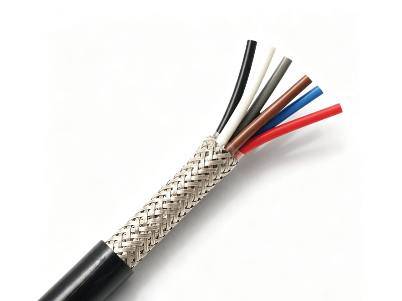 Close-up of a HULK shielded cable showing a tightly woven silver braided copper mesh beneath the black outer jacket, with six color-coded insulated conductors (red, blue, brown, gray, white, black) visible inside; the high-density braid and independent insulation demonstrate superior EMI shielding and signal integrity for industrial automation and instrumentation applications.