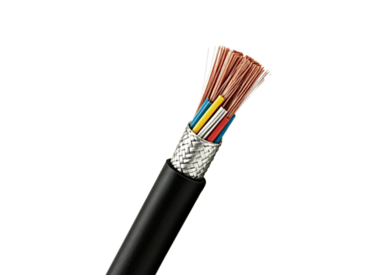 A close-up of a HULK high-flex cable showing its internal construction: fine-stranded copper conductors fanned out for superior flexibility, surrounded by a dense braided metallic shield for EMI suppression, with color-coded insulated cores visible beneath — engineered for high-cycle motion and signal integrity in industrial automation.