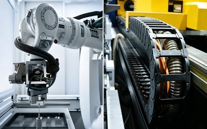 HULK cables in two applications: left, routed through black corrugated conduit to a precision robot end-effector; right, housed inside a black engineering plastic cable chain for high-speed linear motion, demonstrating versatility across static and dynamic automation systems.