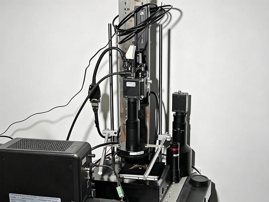 HULK high-flex cables routed along vertical motion axis of precision optical inspection system, connecting camera, lens module, and control unit; black cables demonstrate superior bend resistance and signal integrity in dynamic, space-constrained industrial environments.